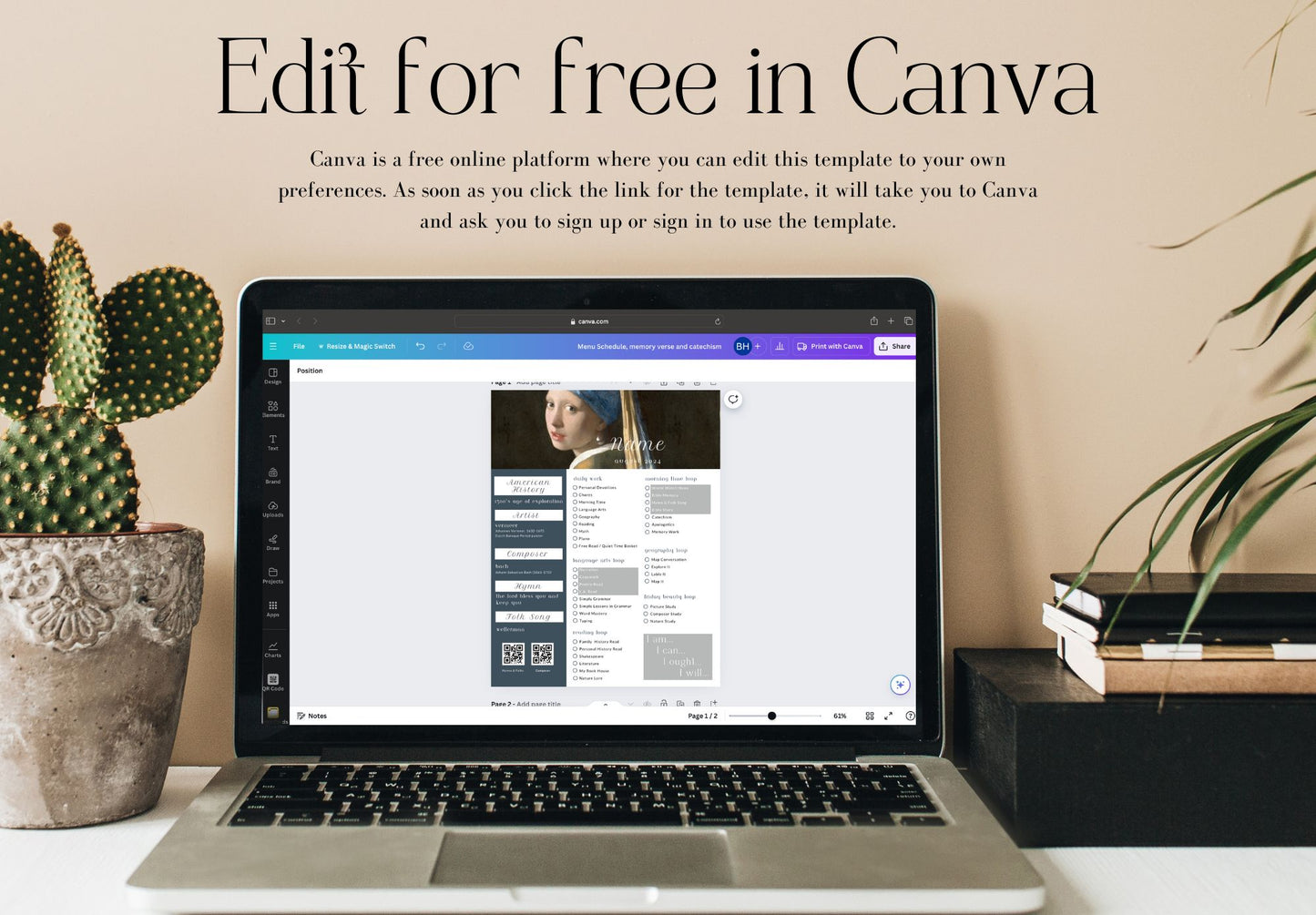 Morning Menu Schedule, Memory Verse and Catechism Canva Template
